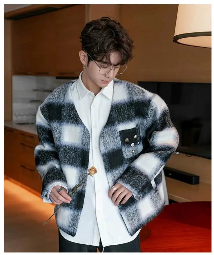 V-neck Color Striped Woolen Coat