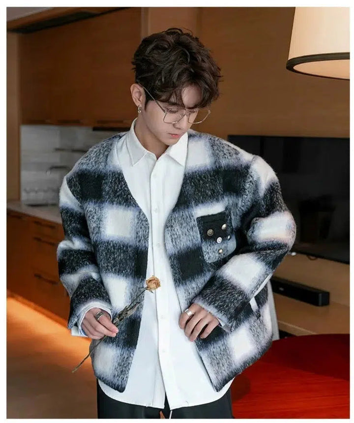 V-neck Color Striped Woolen Coat