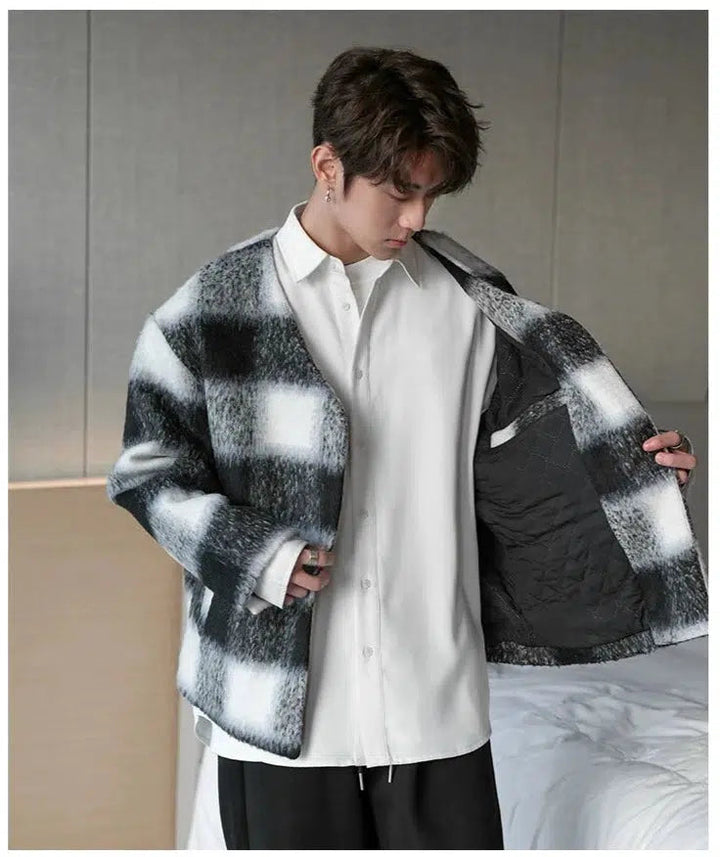 V-neck Color Striped Woolen Coat