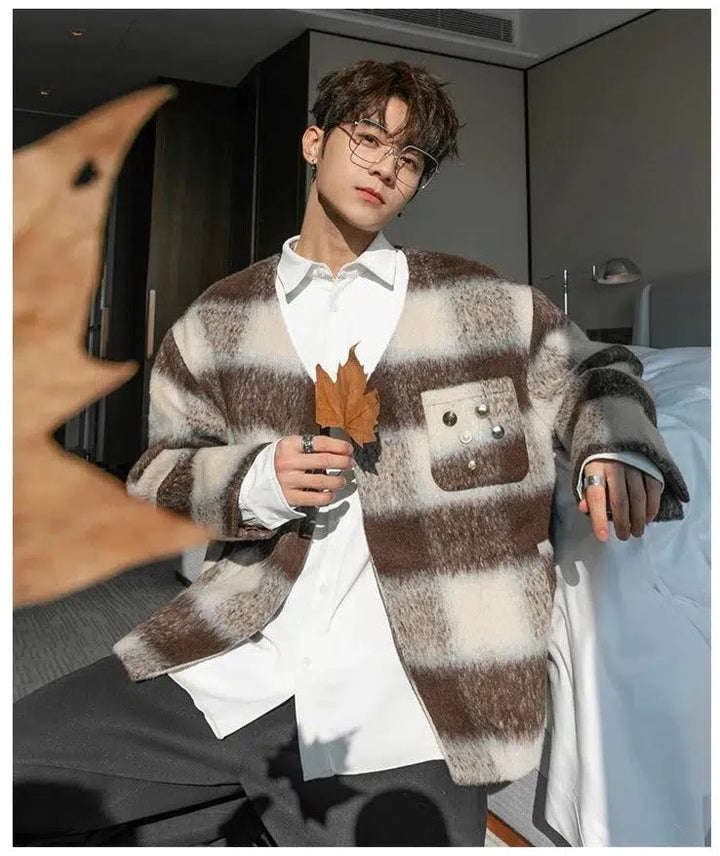 V-neck Color Striped Woolen Coat