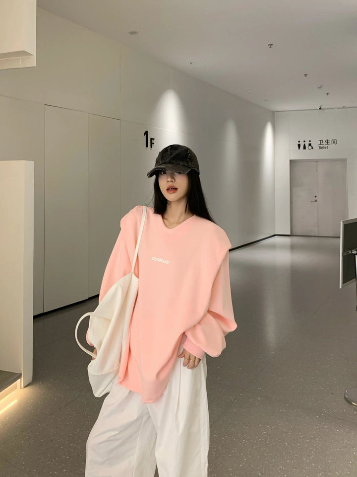 V-neck Letter Print Long Sleeve Pullover