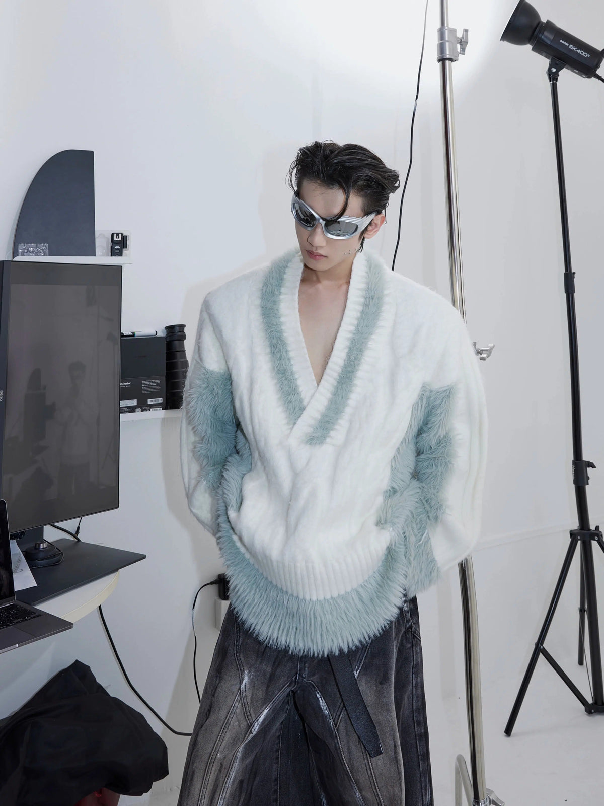 V-neck Plush Knit Patchwork Sweater