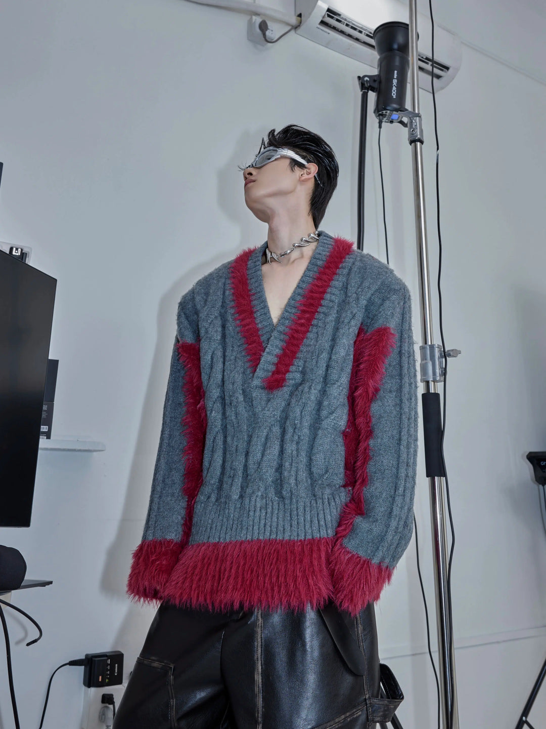 V-neck Plush Knit Patchwork Sweater