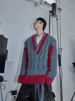 V-neck Plush Knit Patchwork Sweater