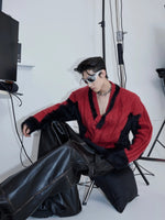 V-neck Plush Knit Patchwork Sweater