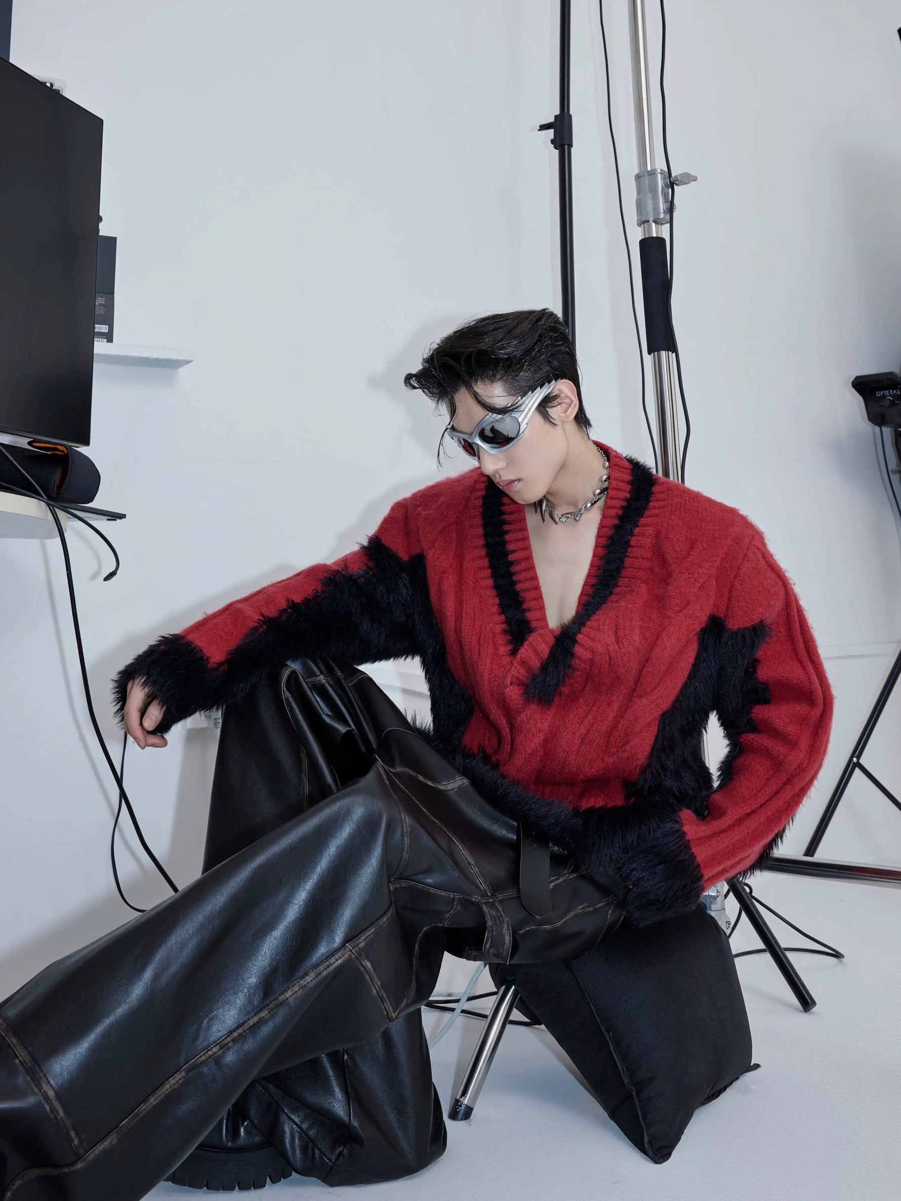 V-neck Plush Knit Patchwork Sweater