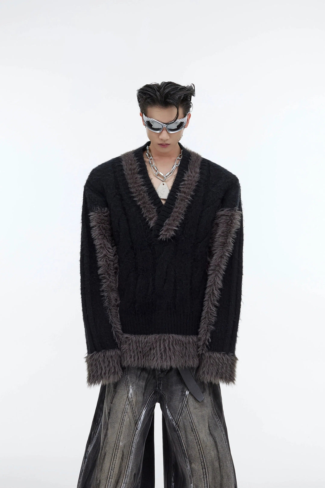 V-neck Plush Knit Patchwork Sweater
