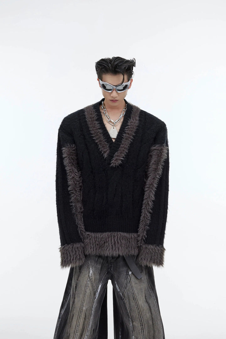 V-neck Plush Knit Patchwork Sweater