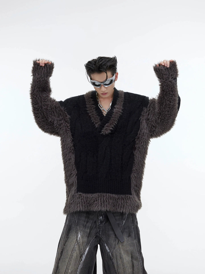V-neck Plush Knit Patchwork Sweater