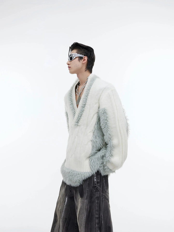 V-neck Plush Knit Patchwork Sweater