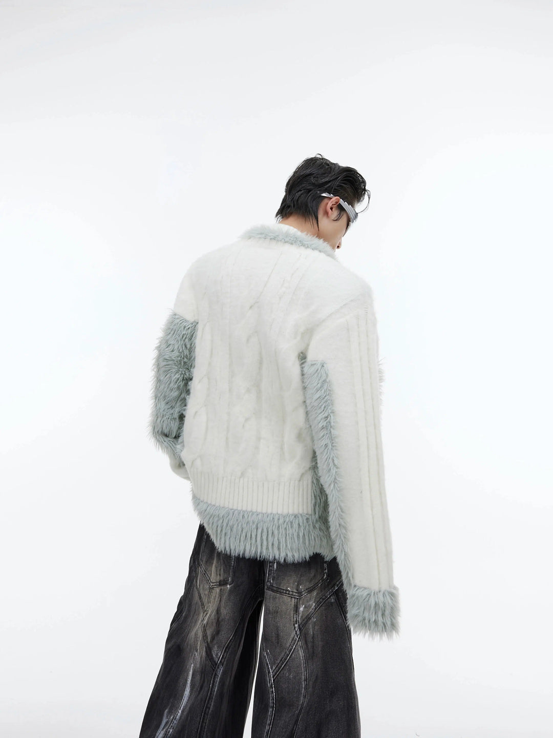 V-neck Plush Knit Patchwork Sweater