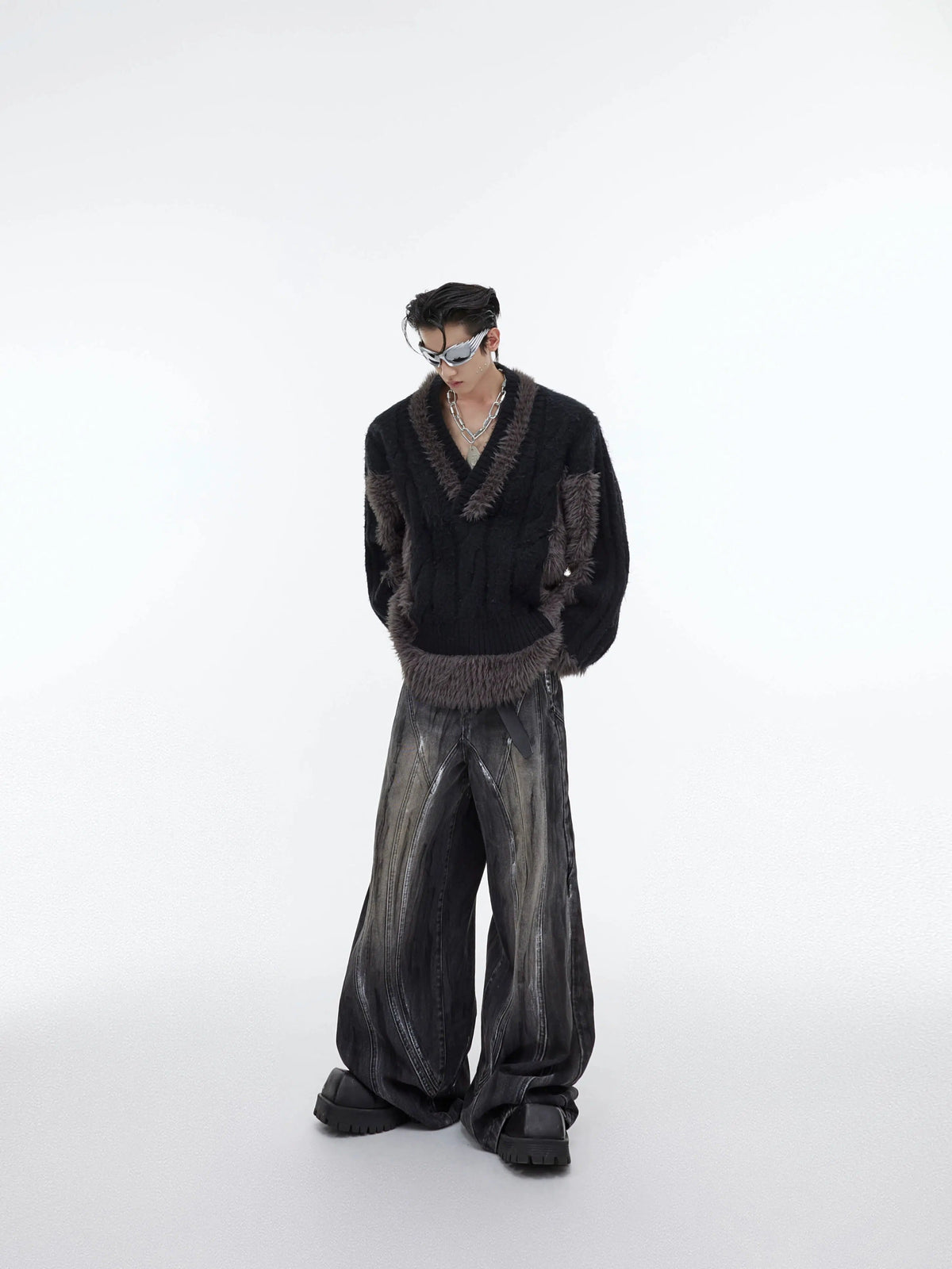 V-neck Plush Knit Patchwork Sweater