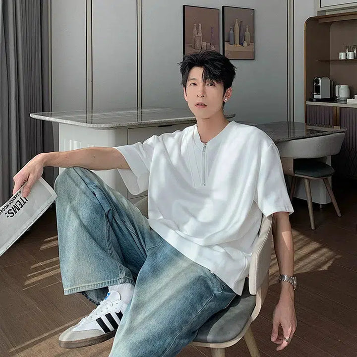 V-neck T-shirt with Front Zipper