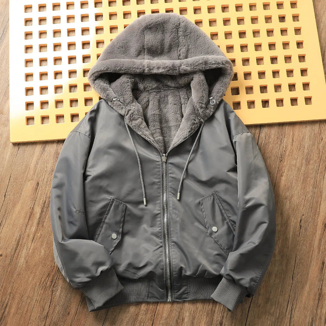 Velvet Fleece Hooded Bomber Jacket L 140 165 Pounds Grey