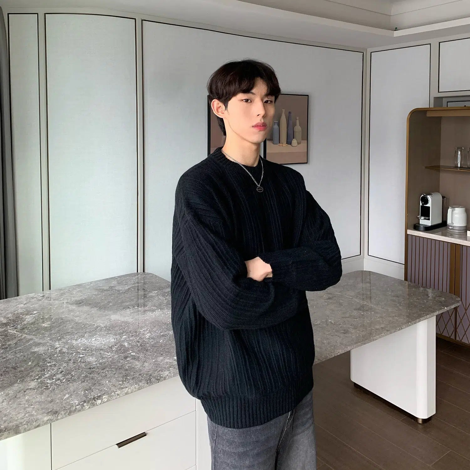 Vertical Textured Round Neck Sweater