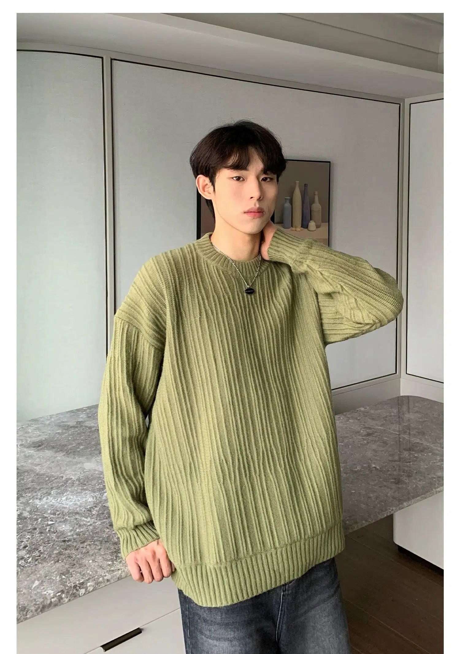 Vertical Textured Round Neck Sweater