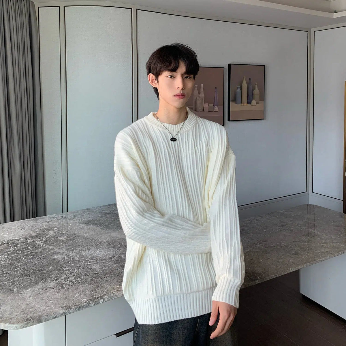 Vertical Textured Round Neck Sweater