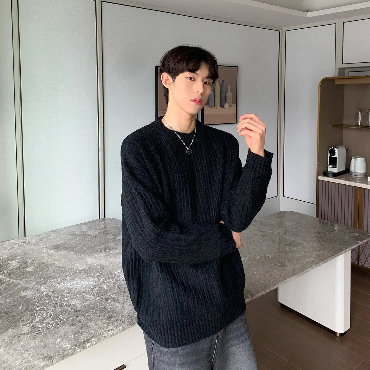 Vertical Textured Round Neck Sweater