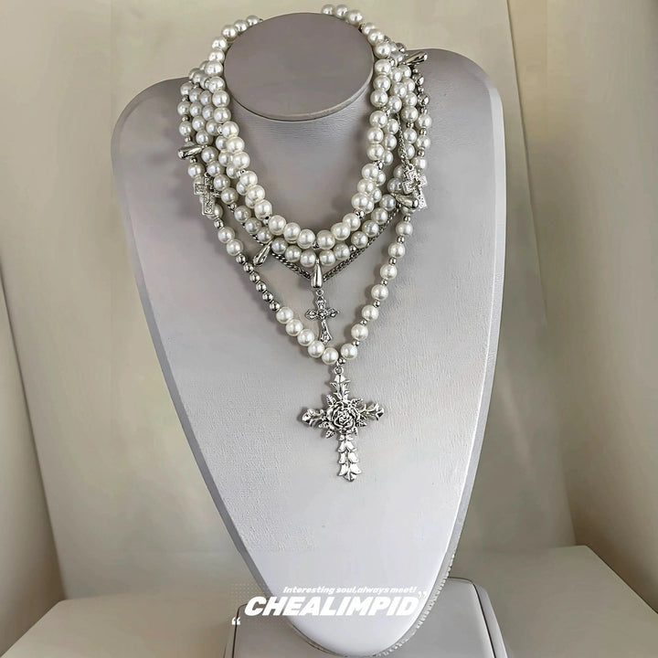 Vintage Cross Pendant Pearl Necklace