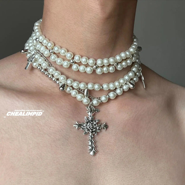 Vintage Cross Pendant Pearl Necklace