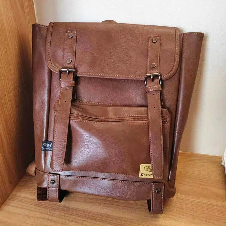 Vintage Leather Backpack with Buckle Straps