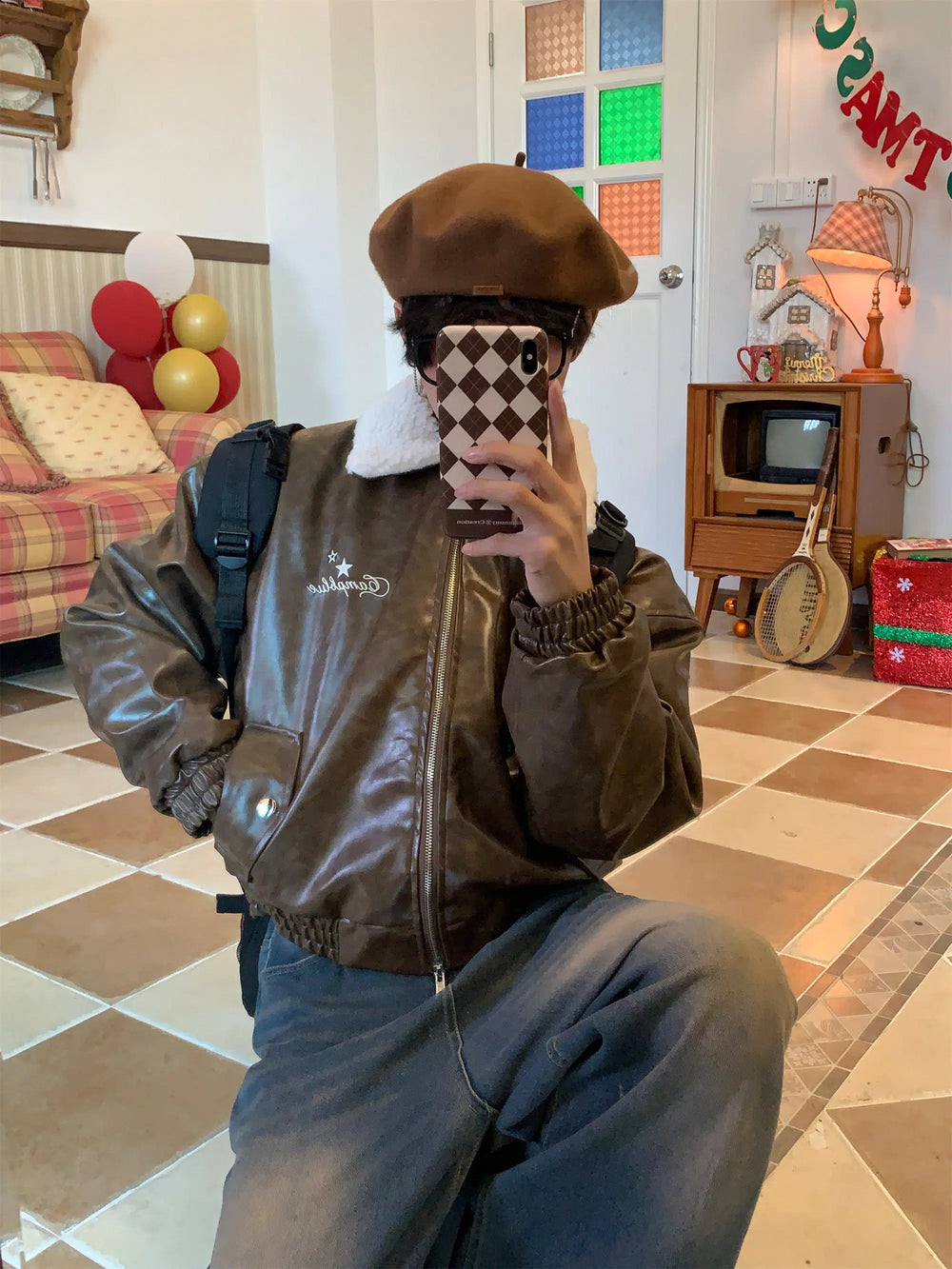 Vintage Padded Cotton Leather Biker Jacket