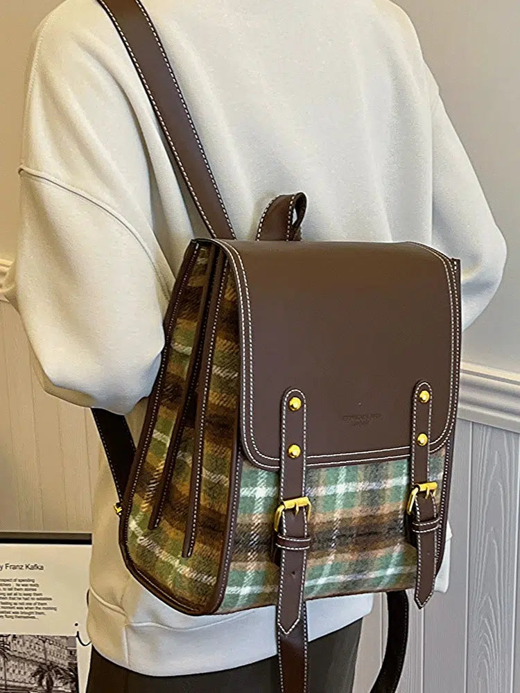 Vintage Plaid Leather Backpack