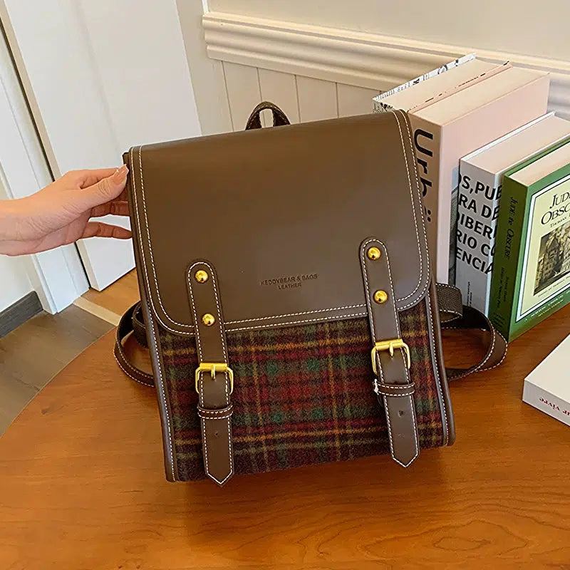 Vintage Plaid Leather Backpack