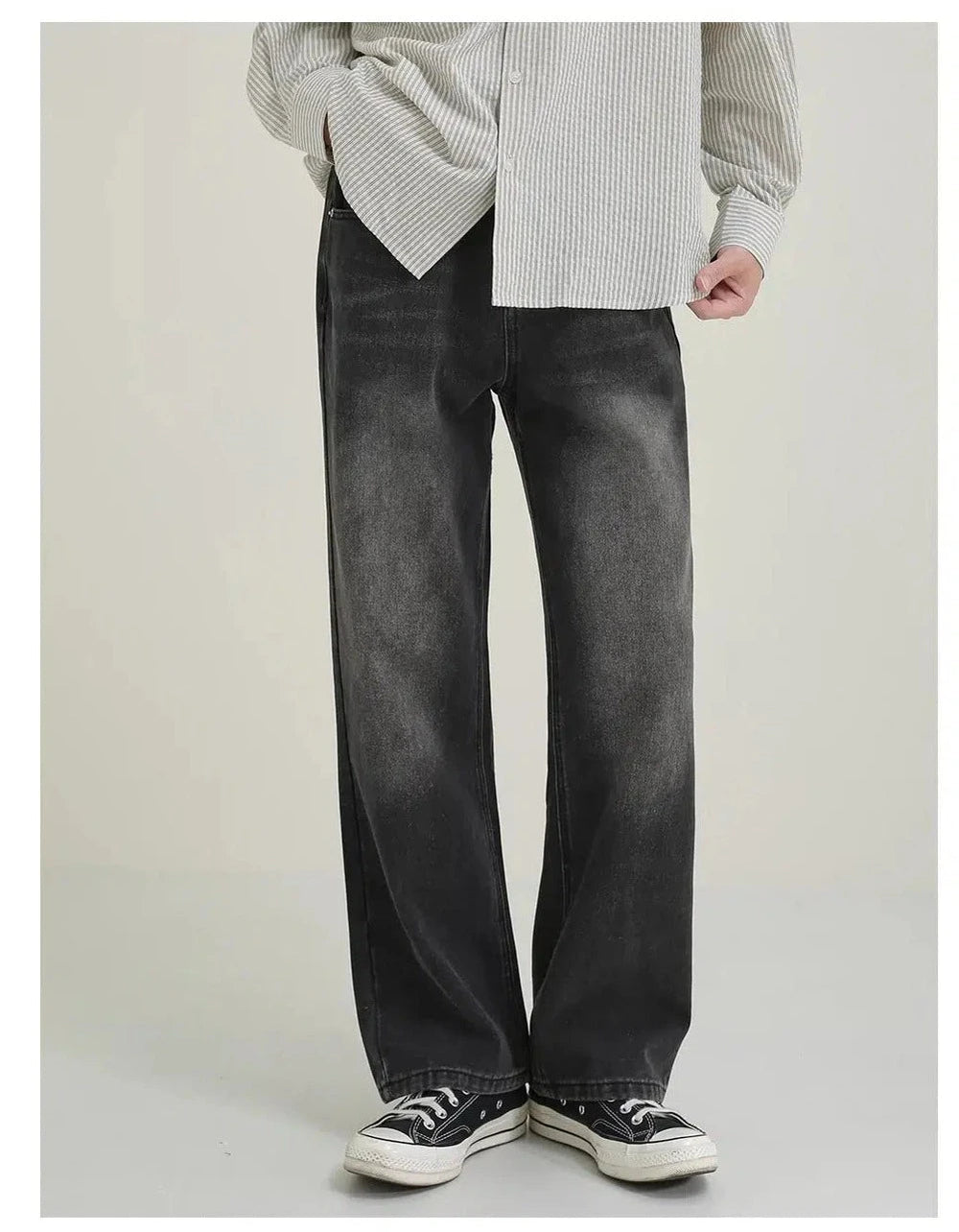 Vintage Style Faded Black Wide-Leg Jeans