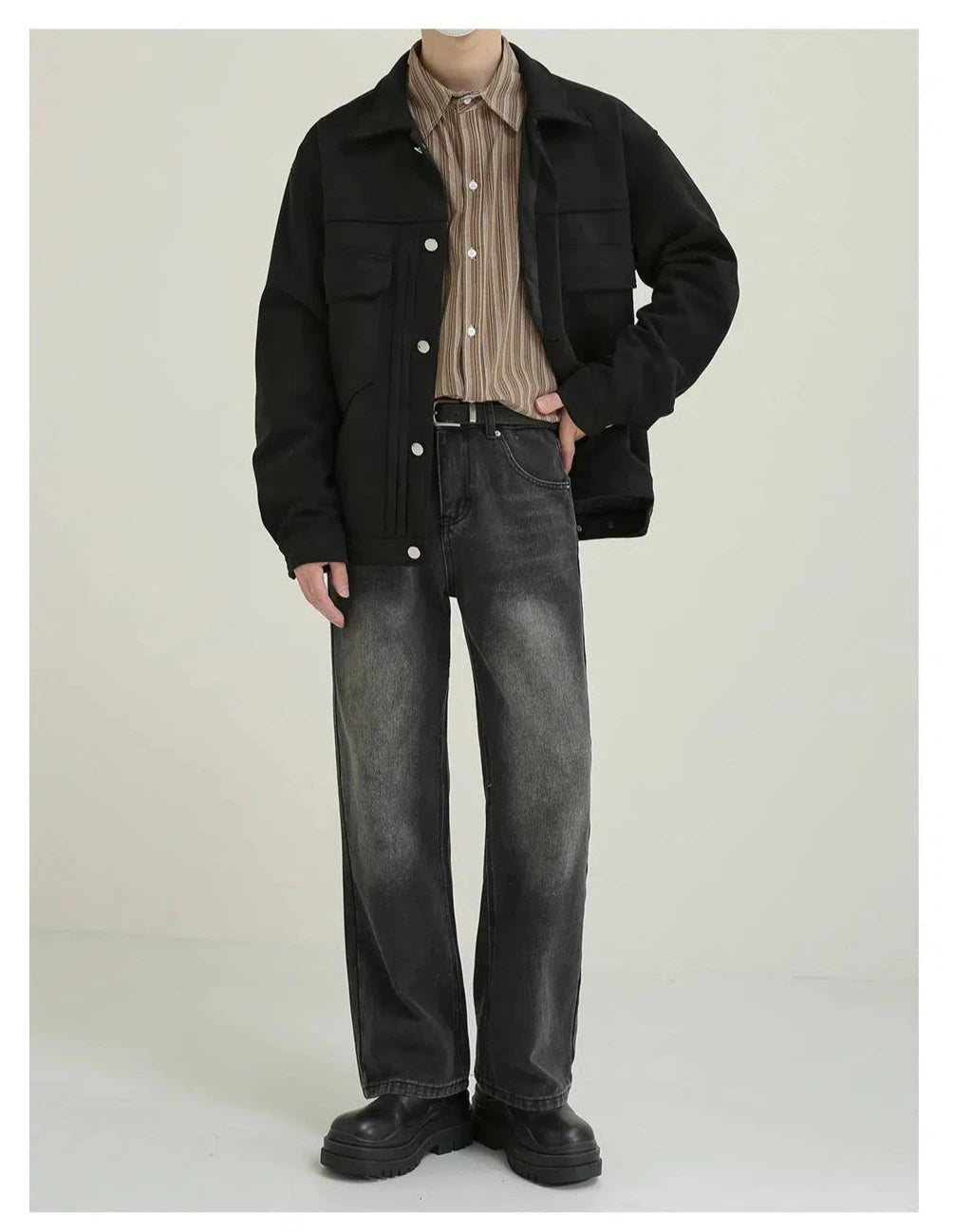 Vintage Style Faded Black Wide-Leg Jeans