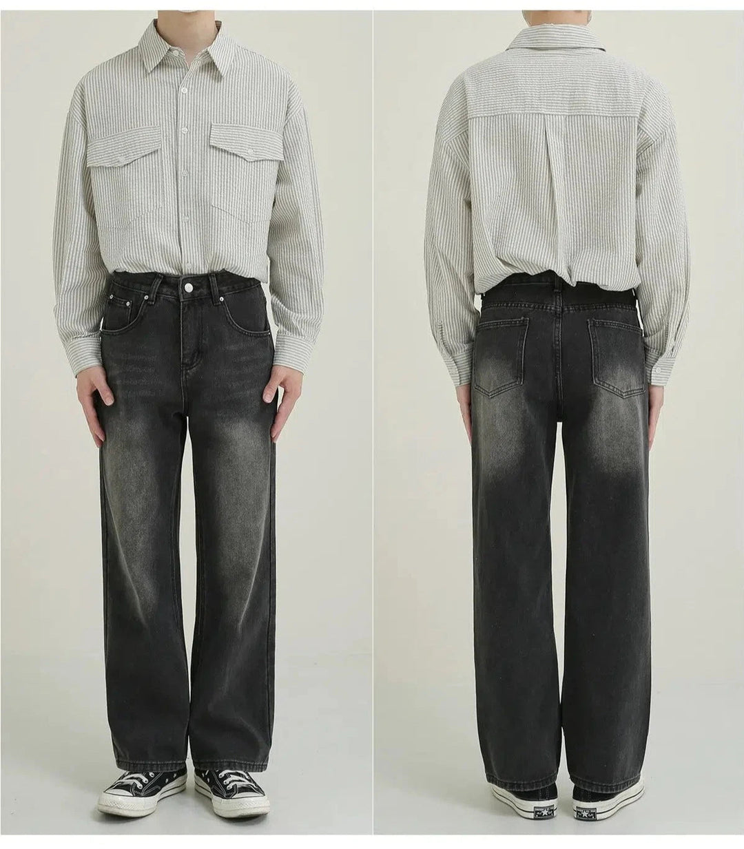 Vintage Style Faded Black Wide-Leg Jeans
