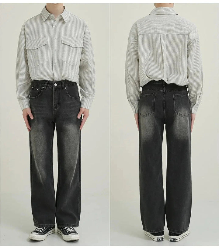 Vintage Style Faded Black Wide-Leg Jeans
