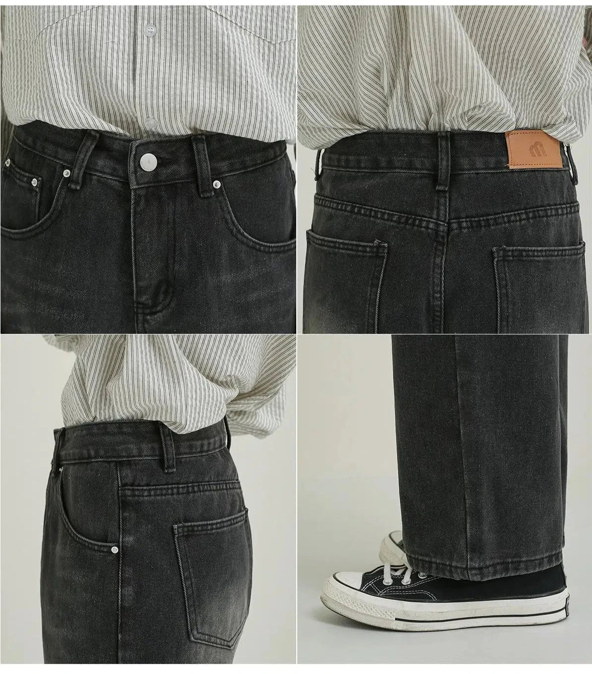 Vintage Style Faded Black Wide-Leg Jeans