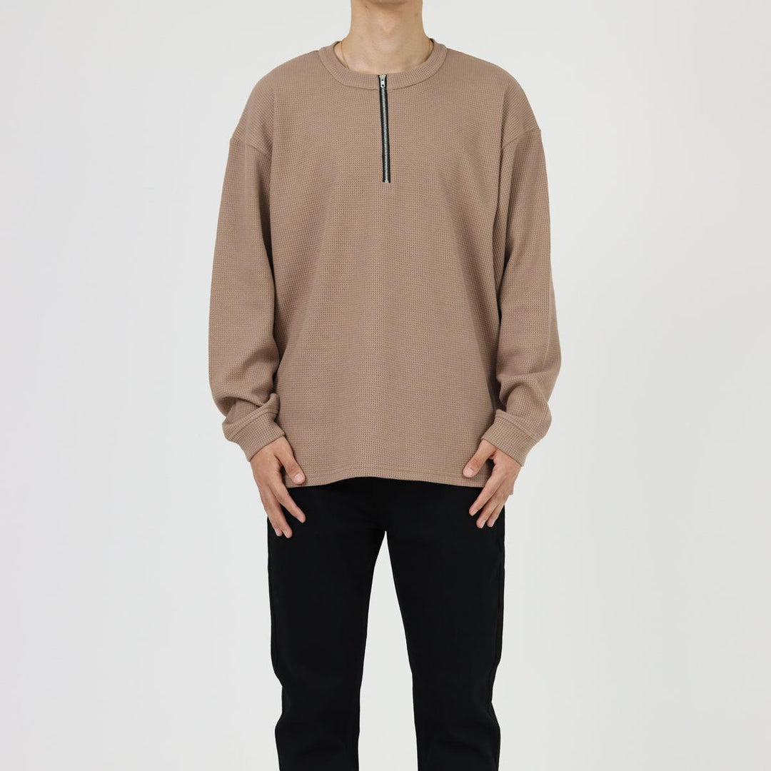 Waffle Half-Zip Round Neck Sweatshirt