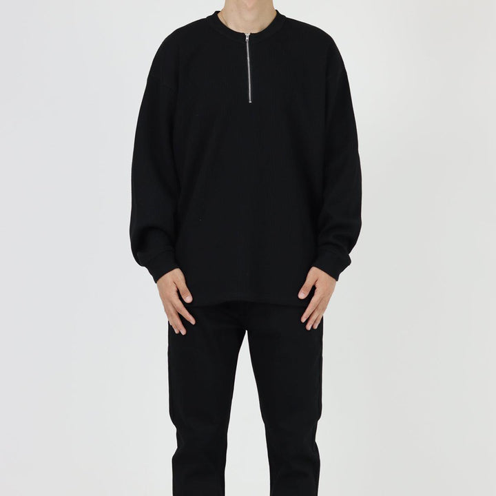 Waffle Half-Zip Round Neck Sweatshirt