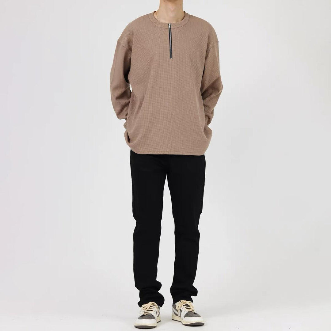Waffle Half-Zip Round Neck Sweatshirt