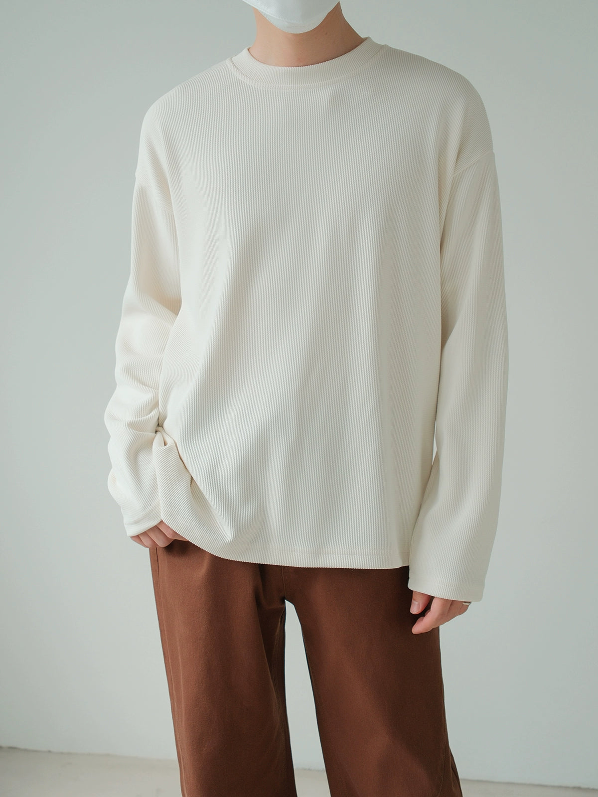 Waffle-Knit Crew Neck Pullover