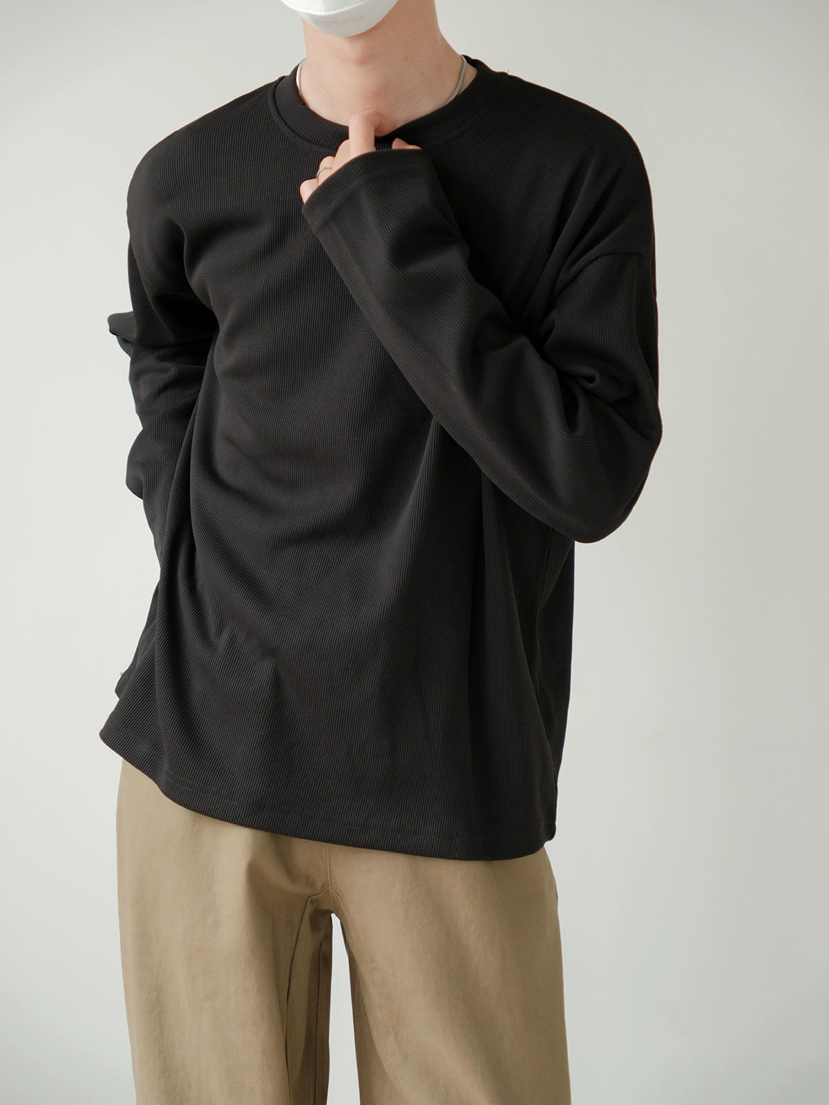 Waffle-Knit Crew Neck Pullover