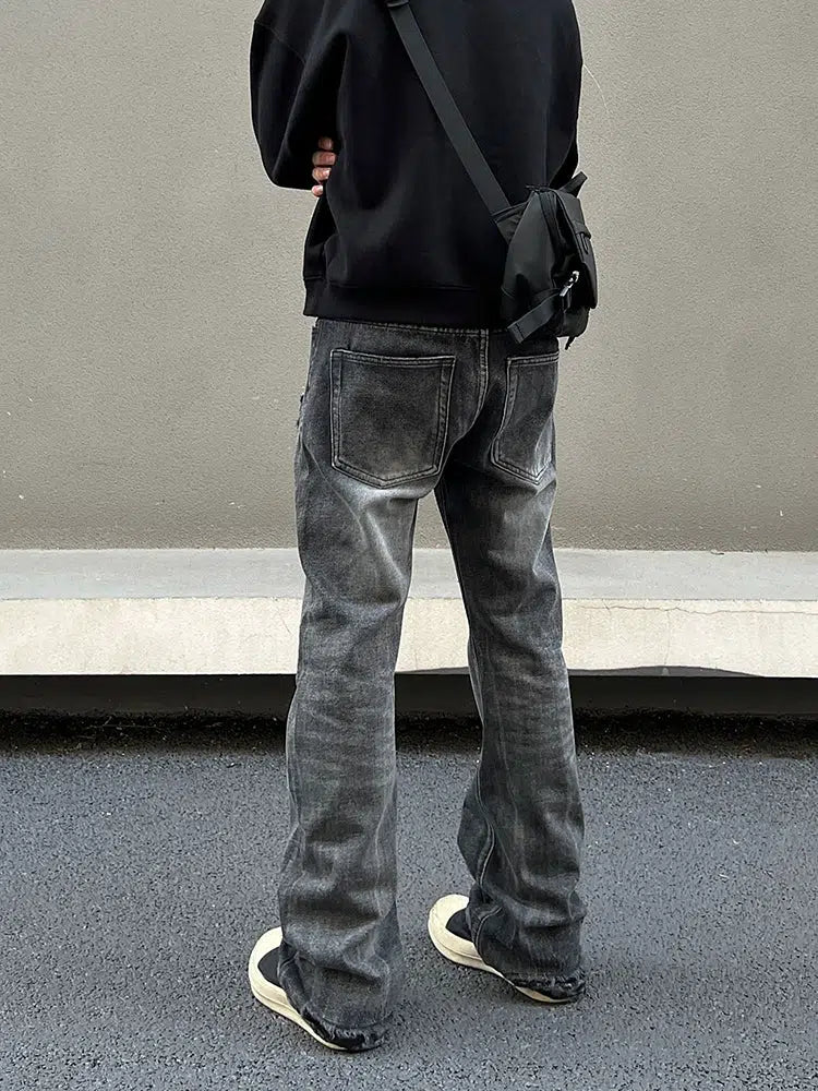 Washed Black Ripped Straight-Cut Pants