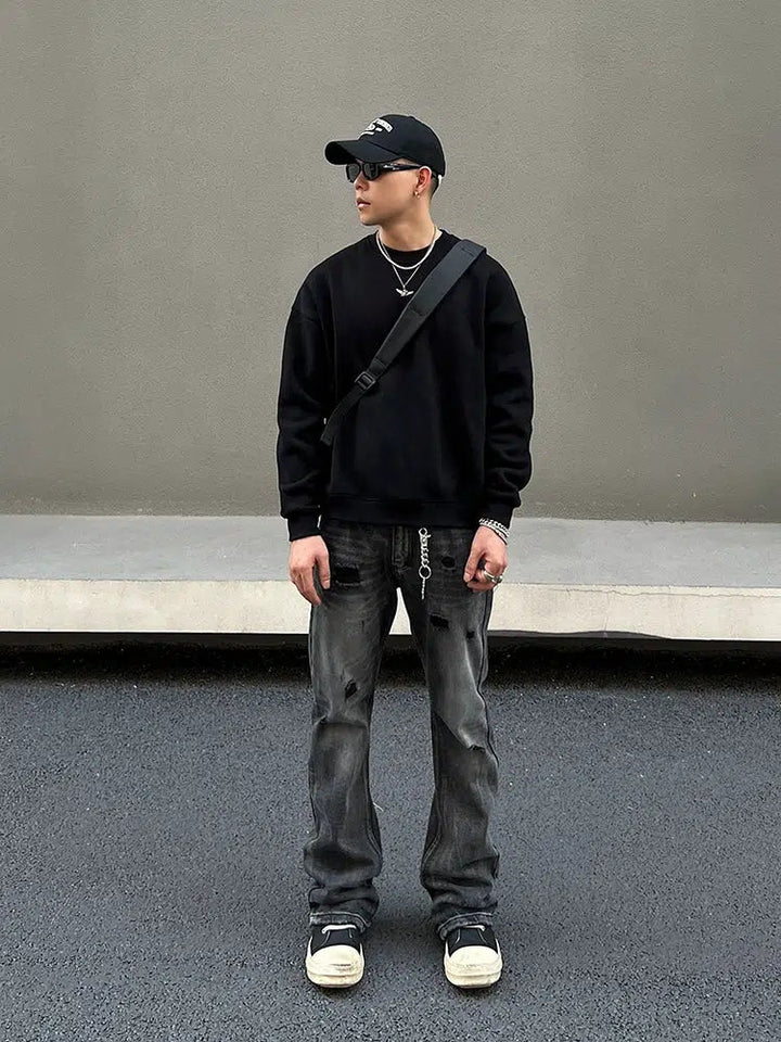Washed Black Ripped Straight-Cut Pants