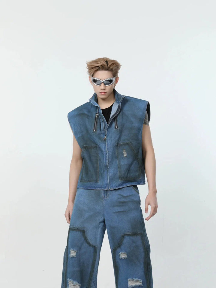 Washed Blue Sleeveless Jacket & Wide-leg Jeans