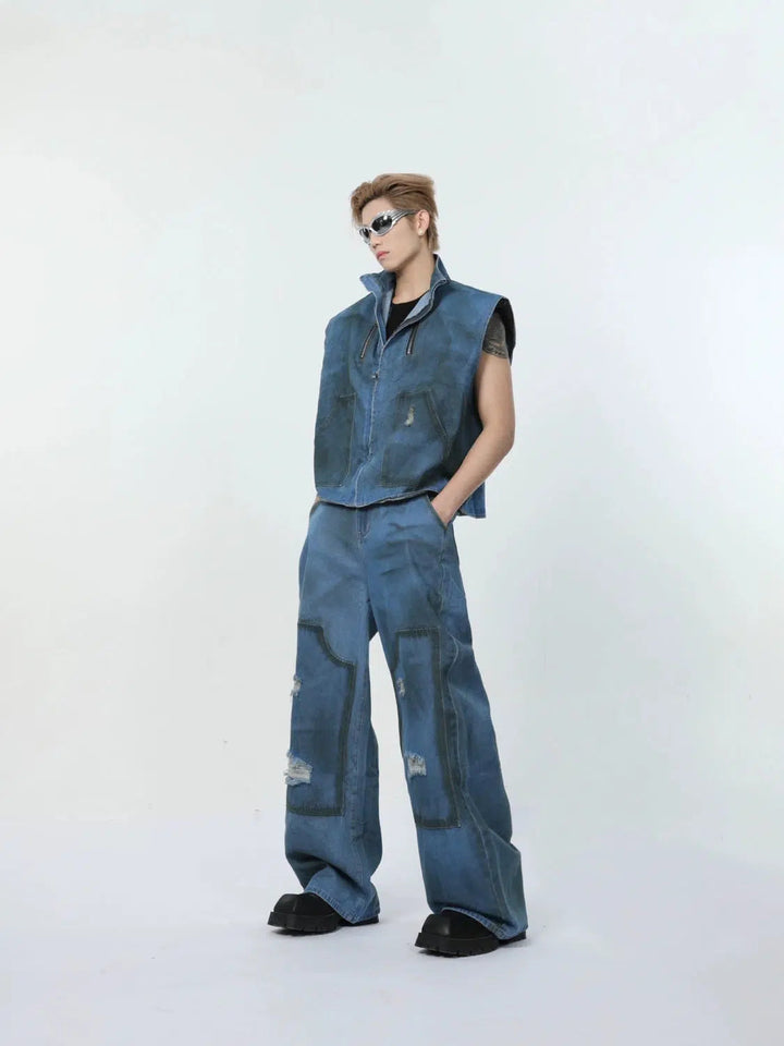 Washed Blue Sleeveless Jacket & Wide-leg Jeans