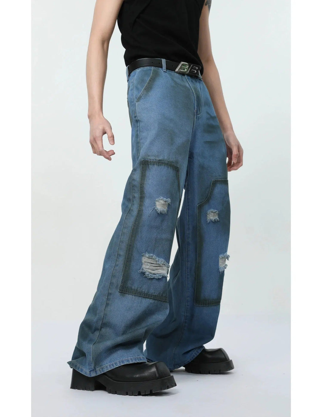 Washed Blue Sleeveless Jacket & Wide-leg Jeans