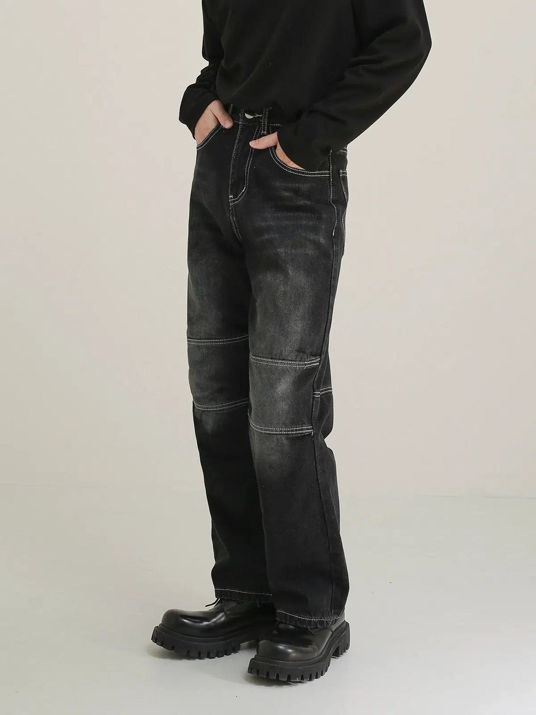 Washed Distressed Straight-leg Jeans