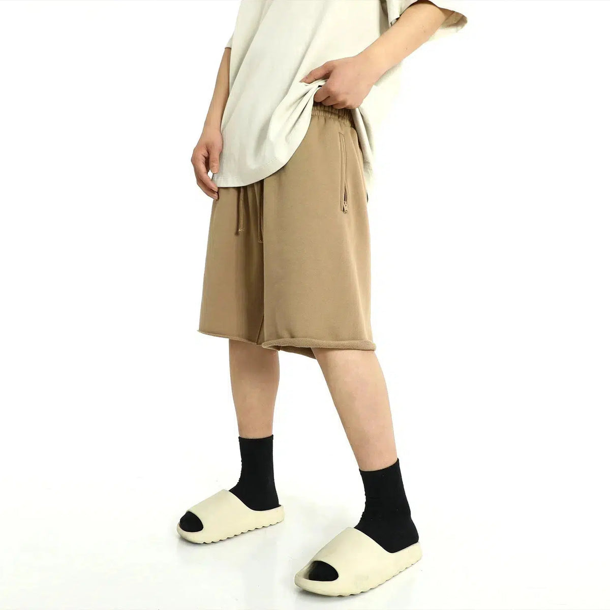 Washed Drawstring Waist Raw Edge Shorts