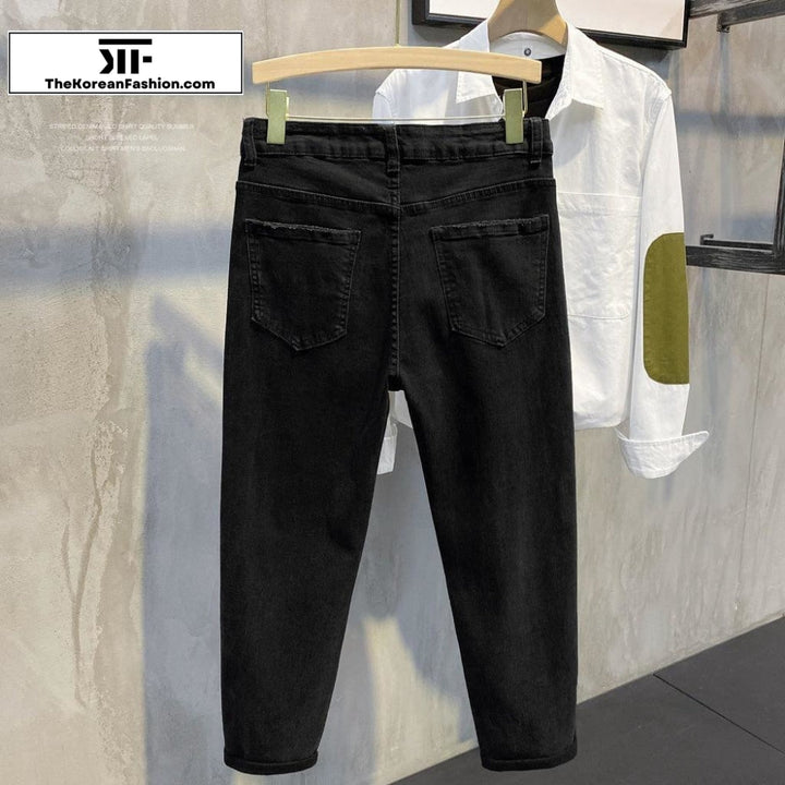 Washed Edging Slim Black Jeans