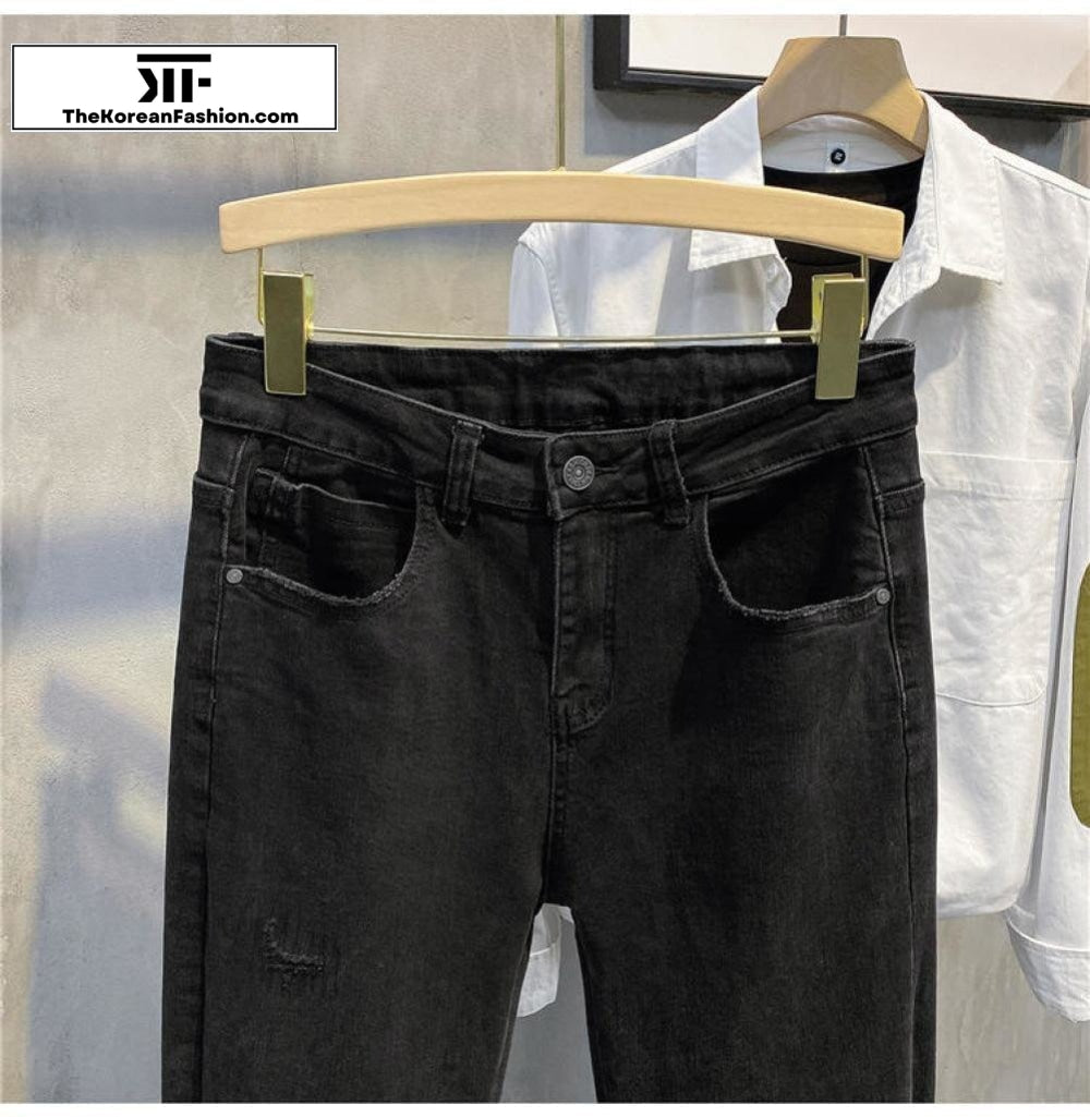Washed Edging Slim Black Jeans