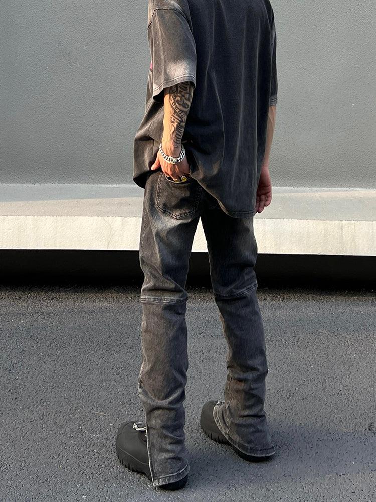 Washed Gray Side Zip Micro-slit Flared Jeans