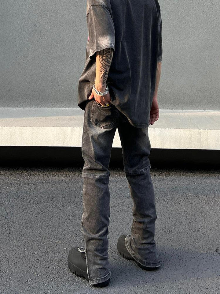 Washed Gray Side Zip Micro-slit Flared Jeans