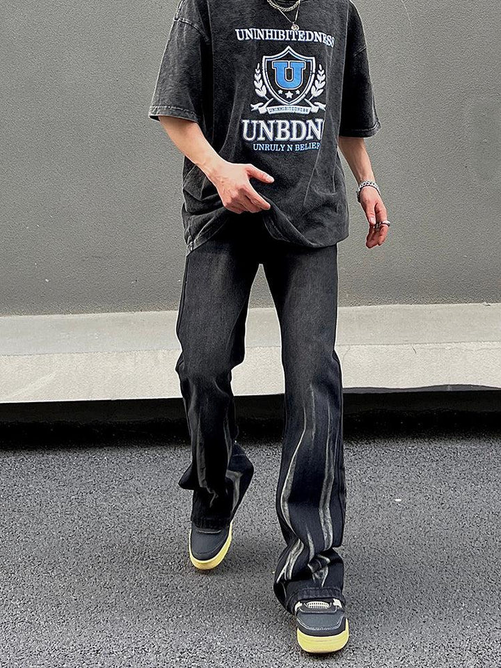 Washed Gray Straight Raw Edge Jeans